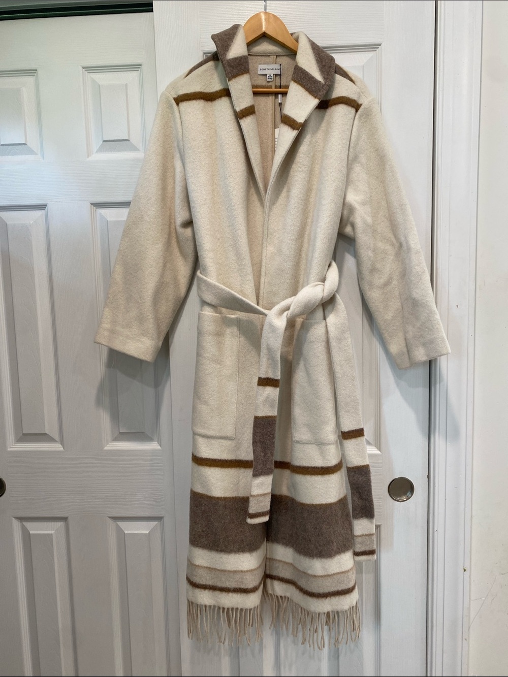 Something Navy Cream wool Trench Coat with Brown Stripes